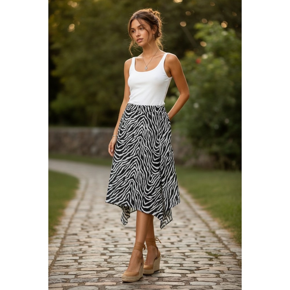 NWT ViX Paula Hermanny Fabi Zebra Print Linen Bld Asymmetrical Midi Skirt S $238